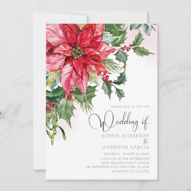 Red Poinsettia Floral Watercolor Christmas Wedding Invitation (Front)