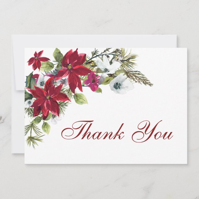 Red Poinsettia Floral Watercolor Thank You Card (Front)