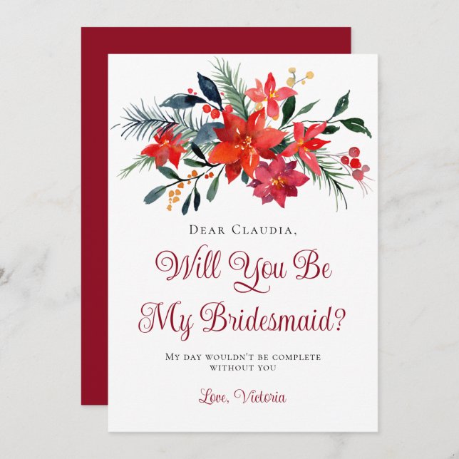 Red Poinsettia Floral Will You Be My Bridesmaid Invitation (Front/Back)