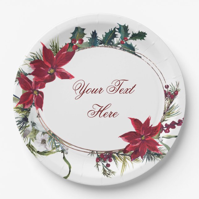 Red Poinsettia Floral Winter Christmas Party Paper Plate (Front)