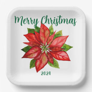 Red Poinsettia Floral Winter Christmas Party Paper Plate
