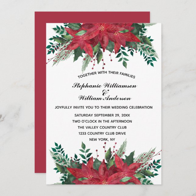 Red Poinsettia Floral Winter Christmas Wedding Inv Invitation (Front/Back)