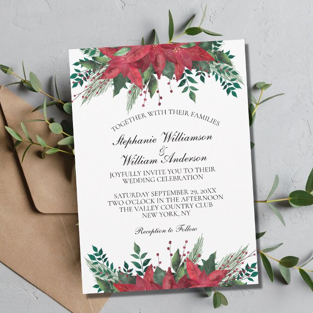 Red Poinsettia Floral Winter Christmas Wedding  Invitation (Creator Uploaded)