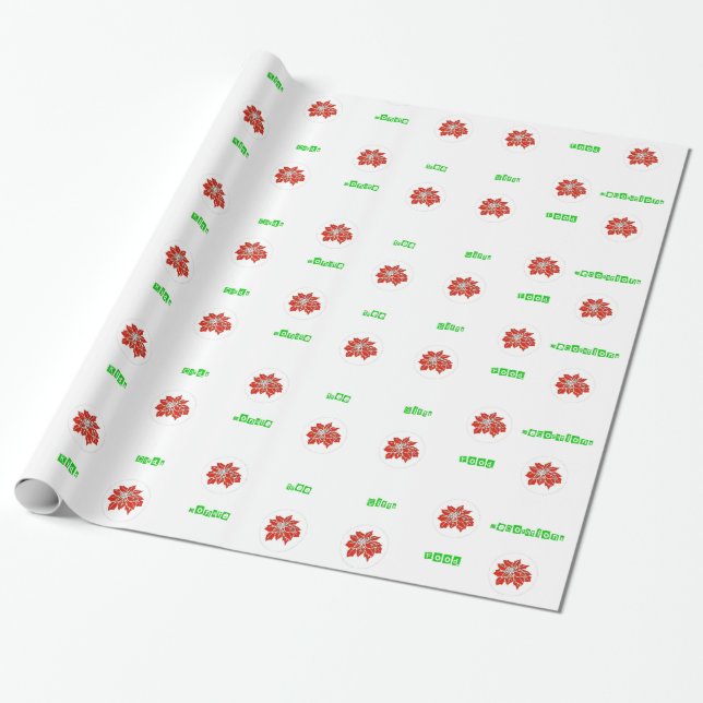Red Poinsettia Flower and Green Words Wrapping Wrapping Paper (Unrolled)