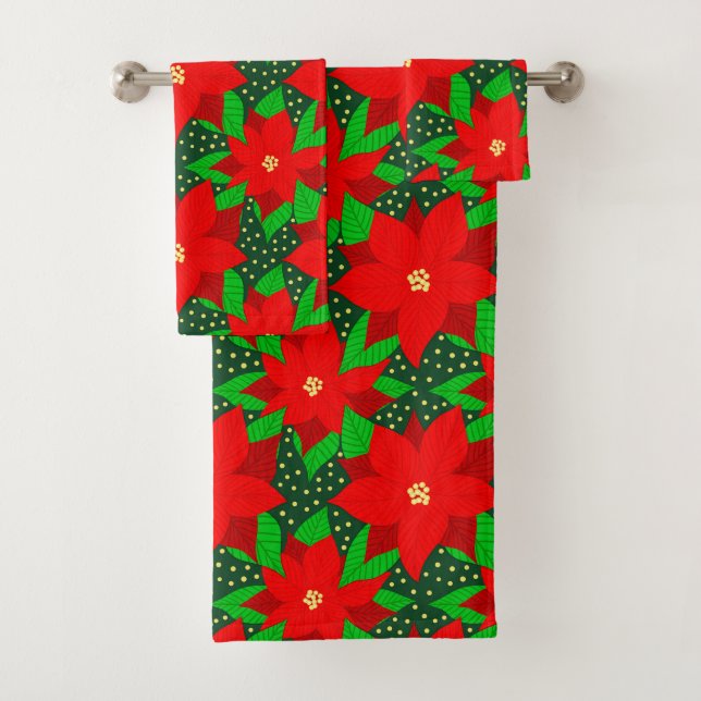 Red Poinsettia Flower Botanical Holiday Pattern  Bath Towel Set (Insitu)