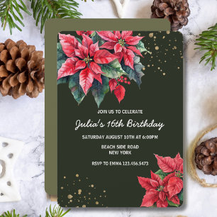 Red Poinsettia flower December Birthday  Invitation