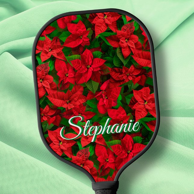 Red Poinsettia Flower Elegant Script Name Pickleball Paddle (Creator Uploaded)