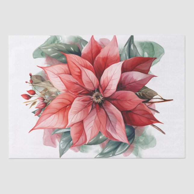 Red Poinsettia Flower Green Whimsical Christmas Tissue Paper (Front)