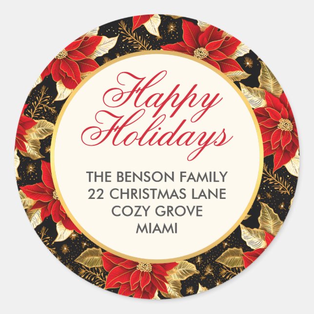 Red Poinsettia Flower Happy Holidays Christmas Classic Round Sticker (Front)
