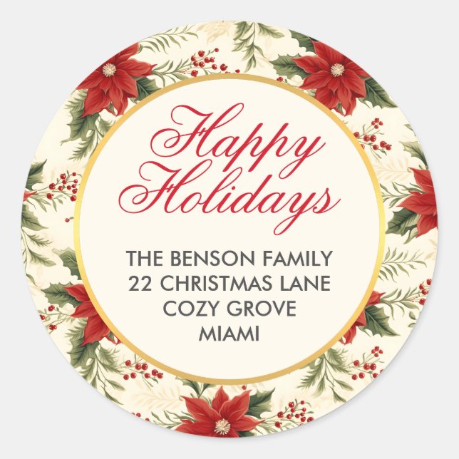 Red Poinsettia Flower Happy Holidays Christmas Classic Round Sticker (Front)