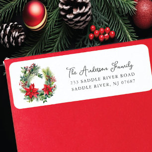 Red Poinsettia Flower Wreath Return Address Label