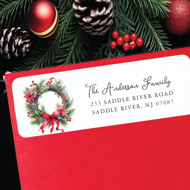 Red Poinsettia Flower Wreath Return Address Label (Creator Uploaded)