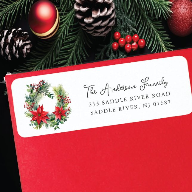 Red Poinsettia Flower Wreath Return Address Label (Creator Uploaded)