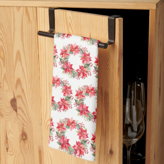 Red Poinsettia Flowers and Berry Wreath Tea Towel (Thirds Fold)