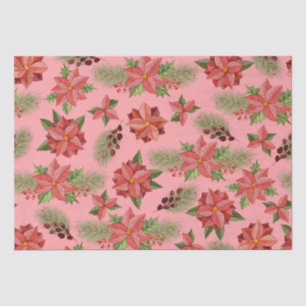 Red Poinsettia Flowers And Holly Berries Tissue Paper
