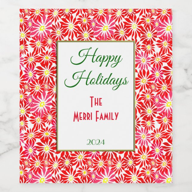 Red Poinsettia Flowers Holiday Wine Bottle Label (Single Label)