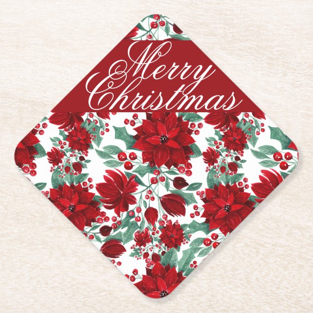 Red Poinsettia Flowers Ivy Leaves Watercolor Name Paper Coaster (Front)