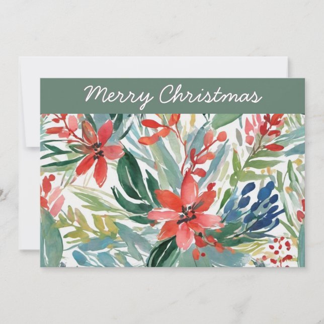 Red Poinsettia Flowers Leaves Elegant Botanical Holiday Card (Front)