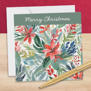 Red Poinsettia Flowers Leaves Pretty Chic Floral Holiday Card