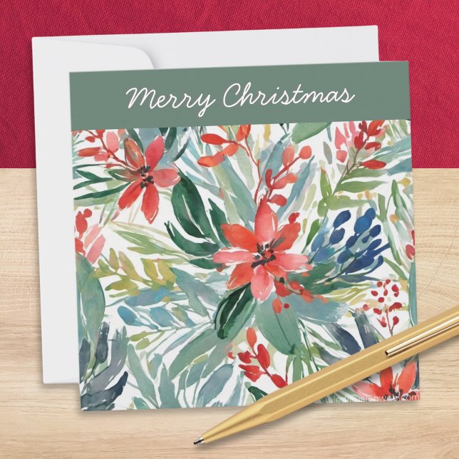 Red Poinsettia Flowers Leaves Pretty Chic Floral Holiday Card (Creator Uploaded)