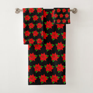Red Poinsettia Flowers on Black Bath Towel Set