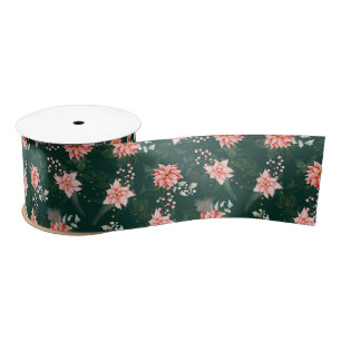 Red Poinsettia Flowers on Dark Green Satin Ribbon