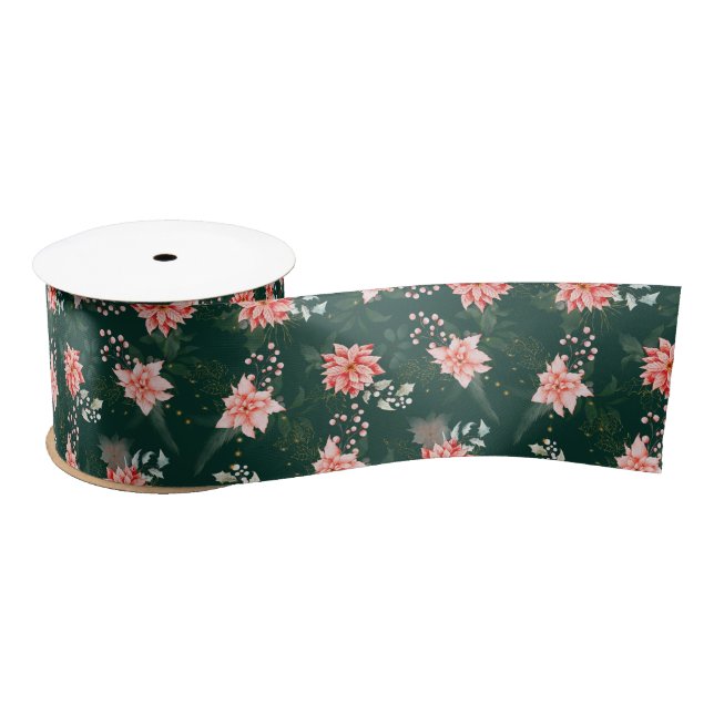 Red Poinsettia Flowers on Dark Green Satin Ribbon (Spool)