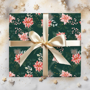 Red Poinsettia Flowers on Dark Green Wrapping Paper