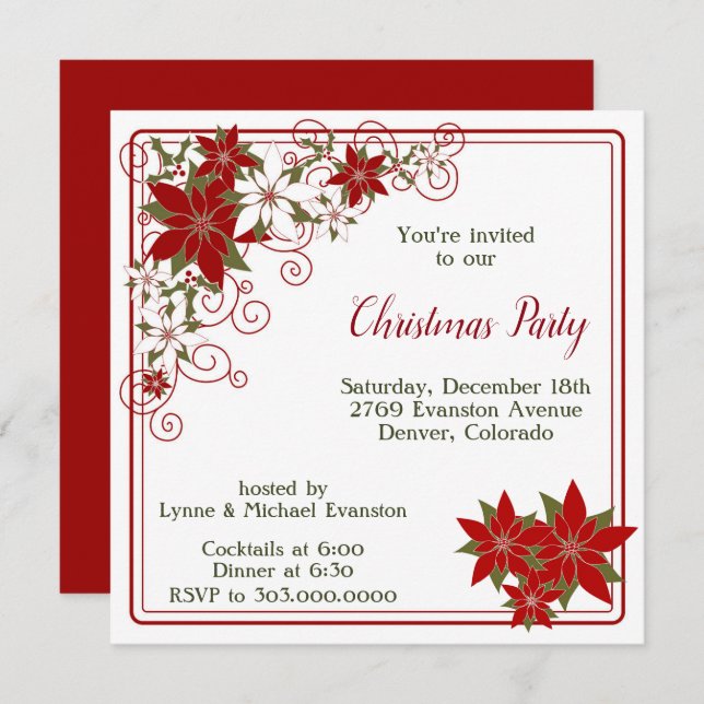 Red Poinsettia Frame Christmas Party Invitation (Front/Back)