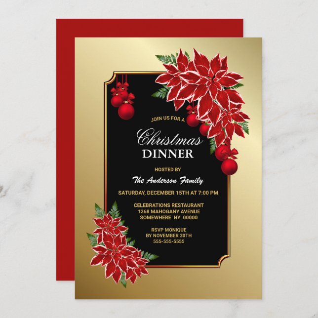 Red Poinsettia Gold Border Christmas Dinner Invitation (Front/Back)