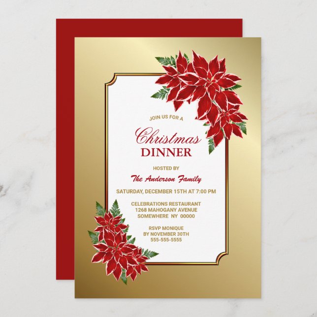 Red Poinsettia Gold Border Christmas Dinner  Invitation (Front/Back)