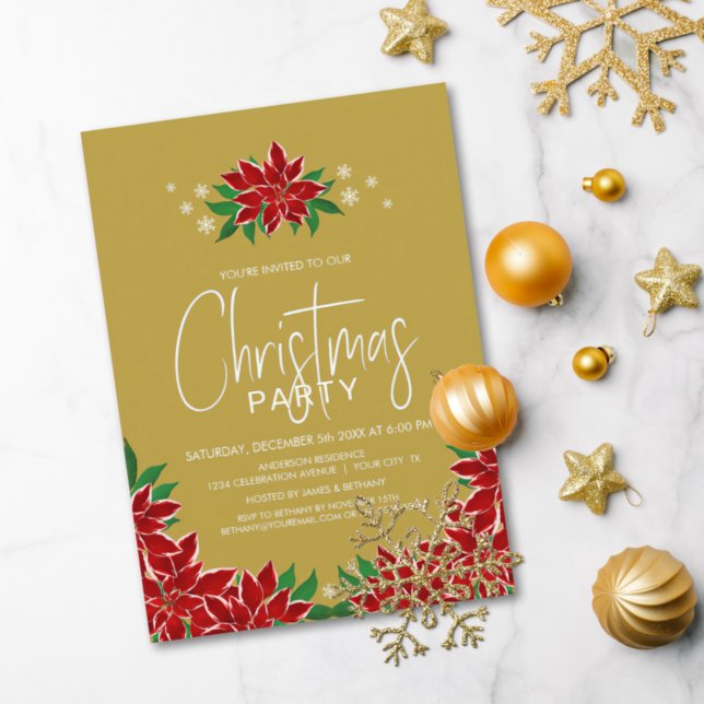 Red Poinsettia Gold Christmas Party Invitation (Creator Uploaded)