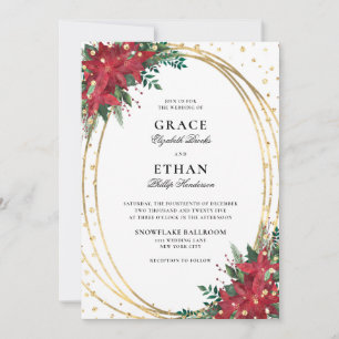 Red Poinsettia Gold Glitter Christmas Wedding Invitation