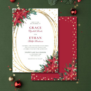 Red Poinsettia Gold Glitter Christmas Wedding Invitation