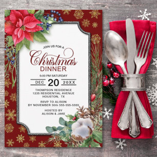 Red Poinsettia Gold Snowflakes Christmas Dinner Invitation