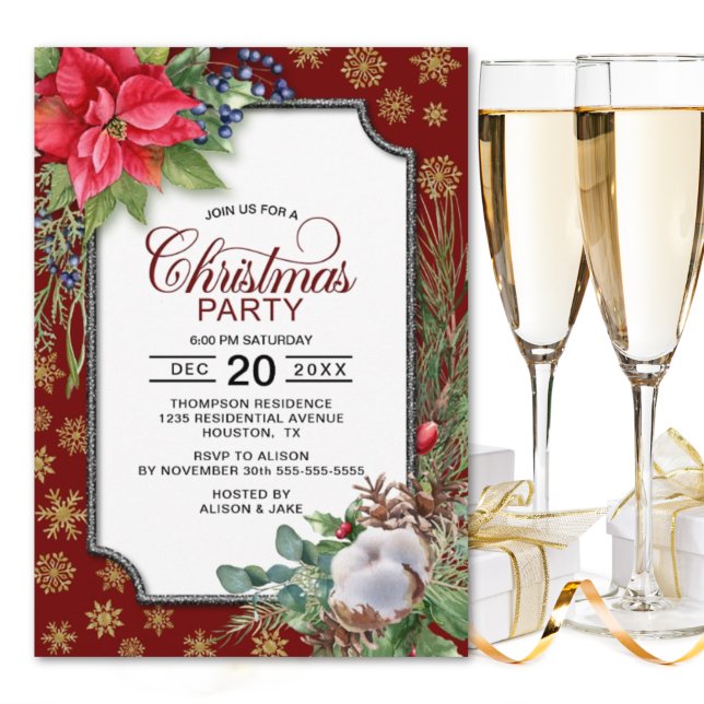 Red Poinsettia Gold Snowflakes Christmas Party Invitation (Creator Uploaded)
