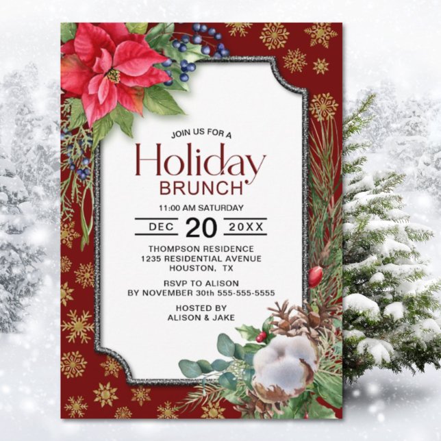 Red Poinsettia Gold Snowflakes Holiday Brunch Invitation (Creator Uploaded)