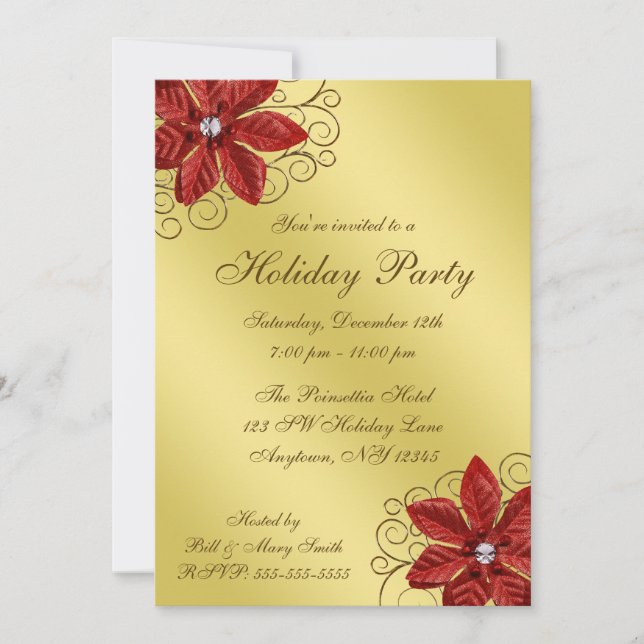 Red Poinsettia Gold Swirls Holiday Party Invitation (Front)