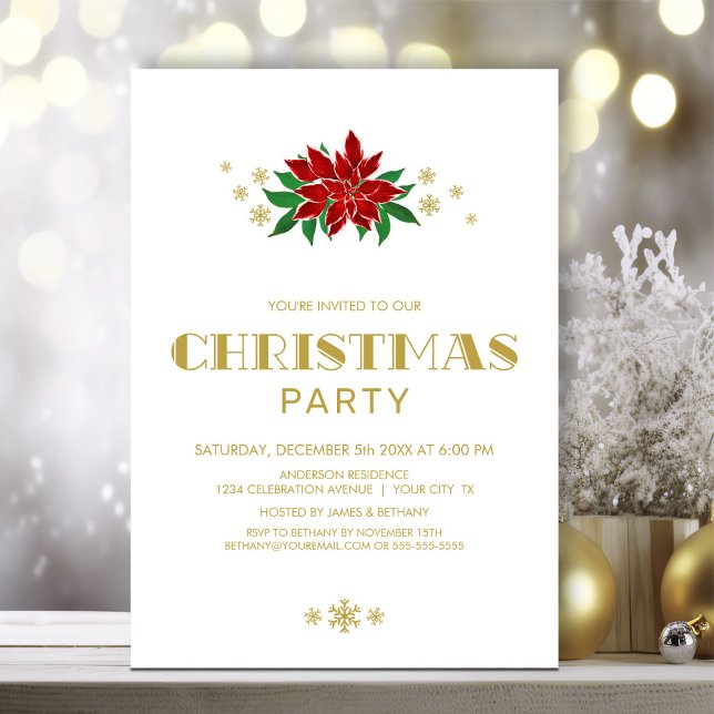 Red Poinsettia Gold Text Christmas Party Invitation (Creator Uploaded)