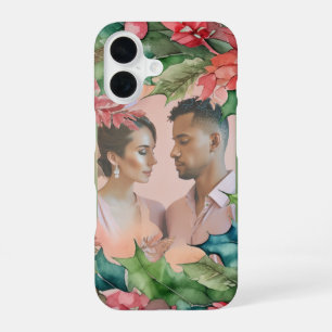 Red Poinsettia Green Holly Christmas Family Photo iPhone 16 Case