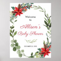 Red poinsettia greenery baby shower welcome poster
