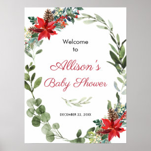 Red poinsettia greenery baby shower welcome poster