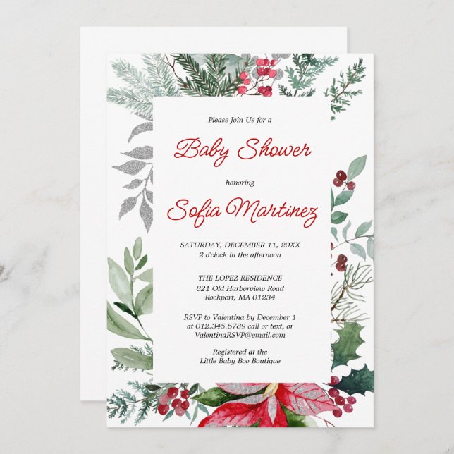 Red Poinsettia Greenery Christmas Baby Shower Invitation (Front/Back)