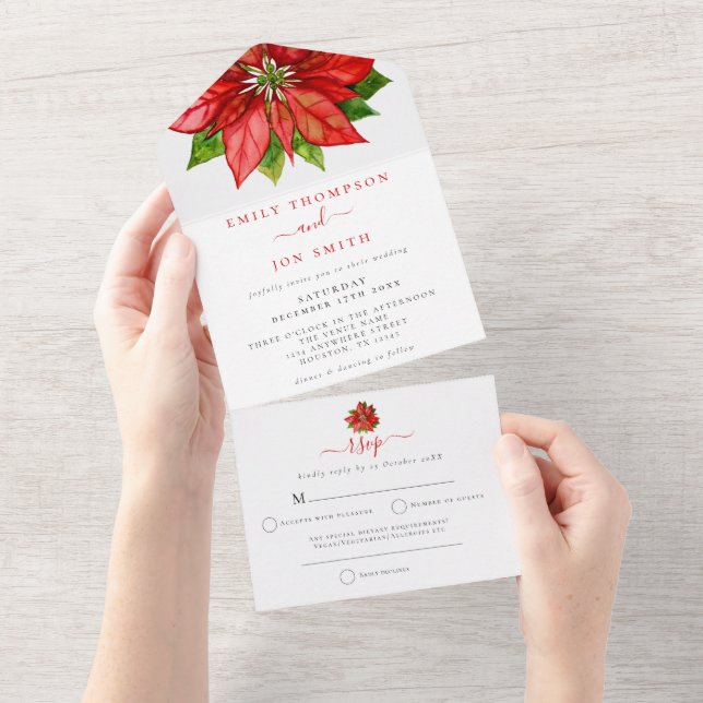Red Poinsettia Guest Addresses Christmas Wedding All In One Invitation (Tearaway)