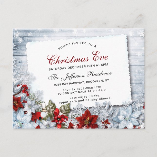 Red Poinsettia Holiday Christmas Eve Invitation Postcard (Front)