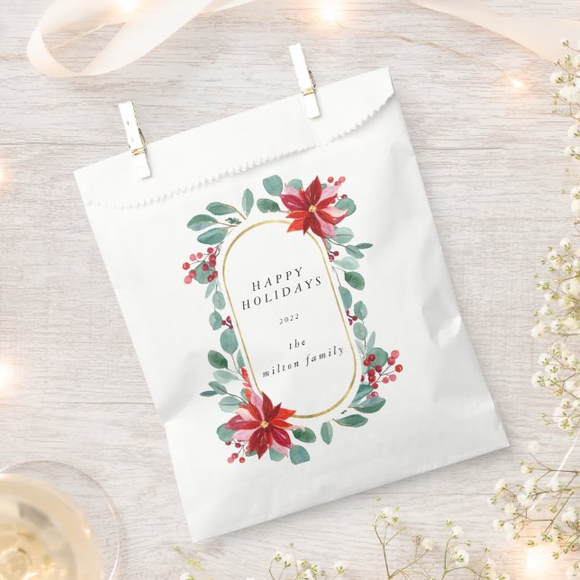 Red Poinsettia Holiday Floral Monogram Favour Bag (Clipped)