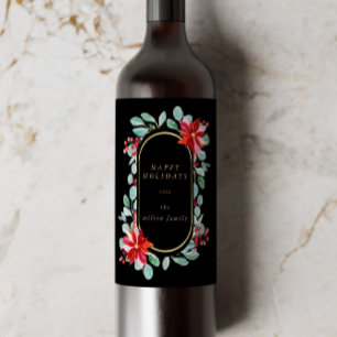 Red Poinsettia Holiday Floral Monogram Wine Label