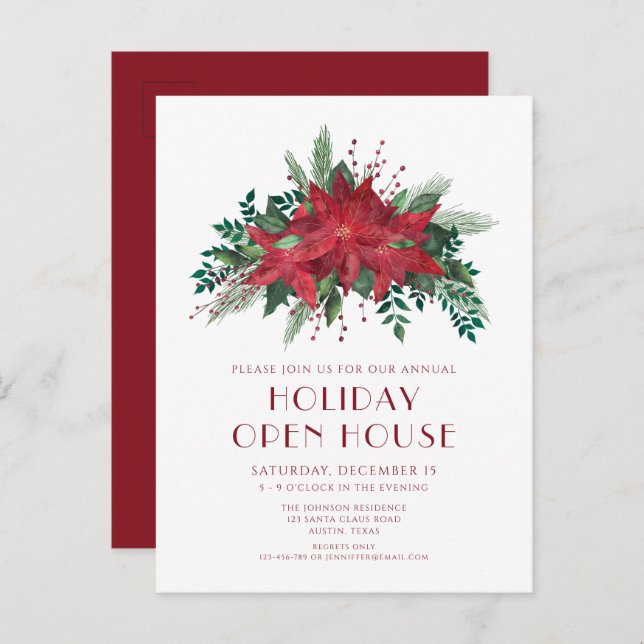 Red Poinsettia Holiday Open House Invitation Postcard (Front/Back)