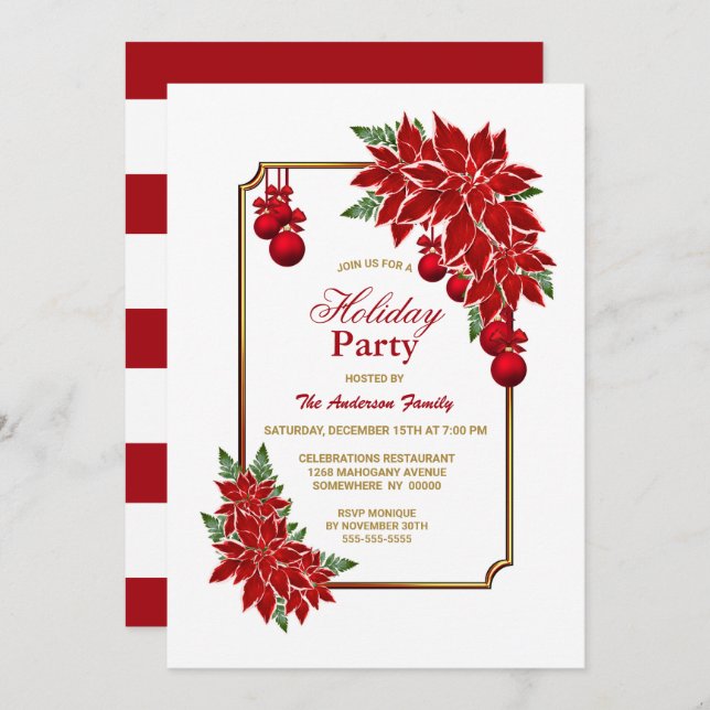 Red Poinsettia Holiday Party Invitation (Front/Back)