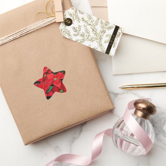 Red Poinsettia Holiday Star Sticker (Gifting)